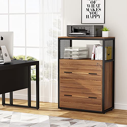 Tribesigns 2 Drawer Lateral File Cabinet With Lock, Letter/Legal / A4 Size, Large Rustic Filing Cabinet Printer Stand With Metal Wire Open Storage Shelves For Home Office (Walnut) #TOP1