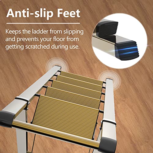 GameGem 5 Step Ladder for 10 Feet High Ceiling, Lightweight Aluminum Folding Step Stool with Convenient Handgrip, Stepladders with Anti-Slip and Wide Pedal for Home Use Space Saving - Gold