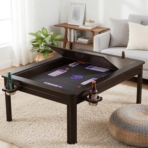BKTSUNAMI Solid Wood Board Game Coffee Table with Removable Top 3-in-1 Gaming and Dining Table Includes Play Mat & Detachable Cup Holders 48 L x 33 W (Black Walnut)