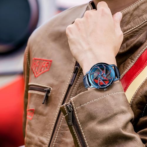 Image of FANMIS Men's Racing Car Wheel Watch 3D Spinning Dial Stainless Steel Watch | Creative 3D Spinning Car Quartz Large Skeleton Face and 30M Water Resistance Designed for Car Fans and Daily Wear.