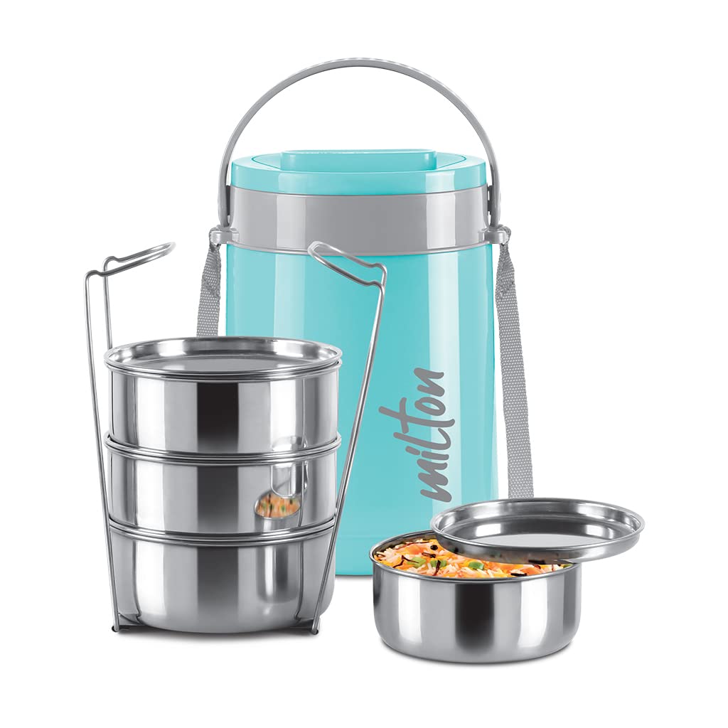 MILTON Classic Stainless Steel Tiffin With Lifter, 4 Container, 300 ml Each, Cyan | PU Insulated | Food Grade | Easy To Carry | Hot & Cold | Office | Outdoors | Food Grade, Blue-image-31