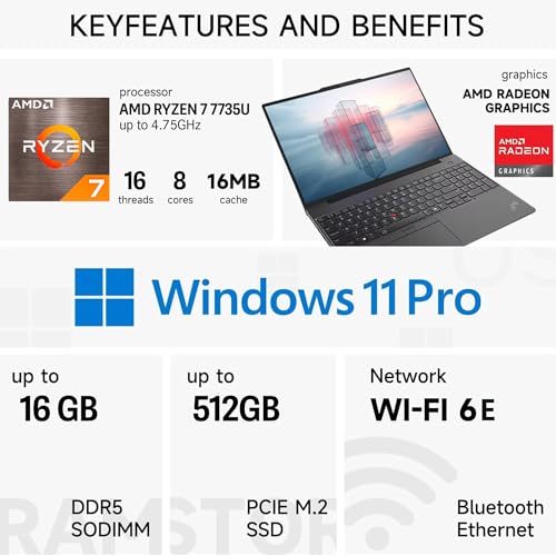 Image of Lenovo ThinkPad E16 Gen 2 Business Laptop, 16 inch FHD+ Anti-Glare Touchscreen, AMD Ryzen 7 7735U, 16GB DDR5, 512GB SSD, Wi-Fi 6E, Fingerprint, Backlit, Webcam, Windows 11 Pro