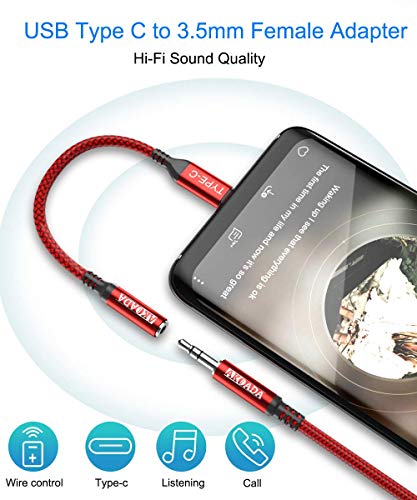 AkoaDa USB C naar 3.5mm Hoofdtelefoon Type C naar Aux Adapter Nylon Kabel,voor met Galaxy S21/ S21 +/ S21 Ultra/ S20/ Note10 iPad Pro iPad Air MacBook Pro Huawei P40/ P40 Pro/ P30 Pro enz- Rood - Image 3