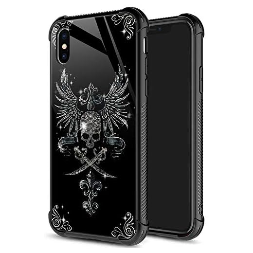 iPhone Xs Max Case, Diamond Skull iPhone Xs Max Cases for Girls, 9H Tempered Glass Back+Soft Silicone TPU Shock Protective Case for Apple iPhone Xs Max