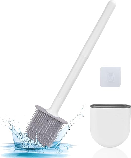 UMI. Essentials Toilet Brush and Holder Set for Bathroom,Deep-Cleaning Bendable Brush Head with Non-Slip Long Plastic Handle,Easy to Clean Washroom Corner