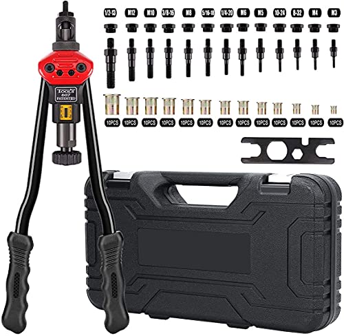 16 Rivet Nut Tool, Professional Rivet Nut Tool Setter Kit Including 13 Metric and SAE Mandrels, 130Pcs Assorted Rivet Nuts, Rugged Carrying Case