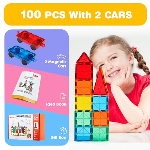 Gemmicc Magnetic Tiles 100 PCS with 2 Cars, STEM Approved Educational Magnet BuildingToys, Magnet Puzzles Stacking Blocks for Boys Girls - Image 3
