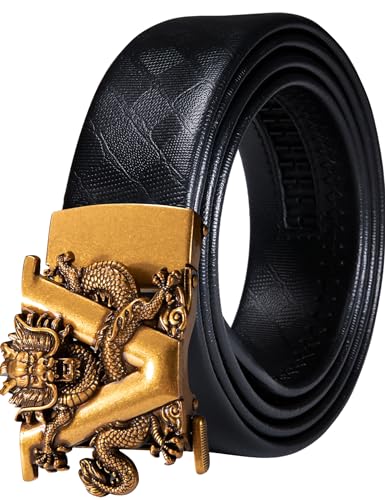 Barry.Wang Black Belt Men Genuine Leather Ratchet Automatic Buckle Belts 1 3/8