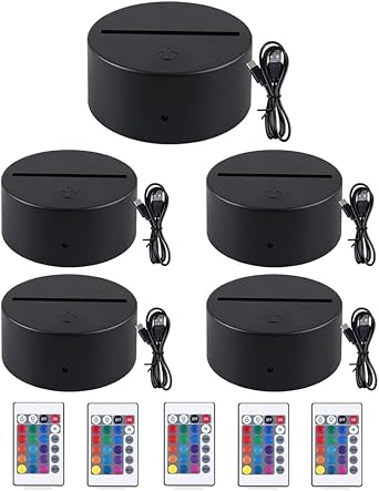 5pcs 3D LED Night Light Base, Large Size LED Base with Remote Control, USB Cable Adjustable 7 Colors Decoration Decorative Lights for Bedroom Childroom [Energy Class A]