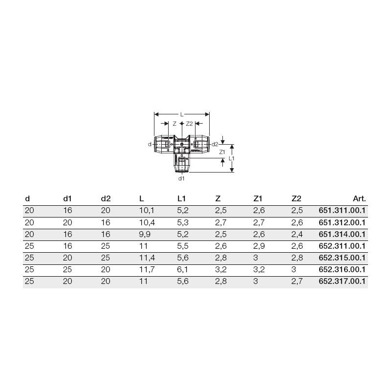 Geberit 652.316.00.1 Pushfit Empalme a Tees reducido 25 – 25 – 20