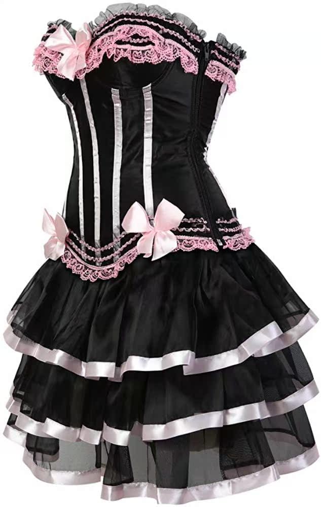 Women's Burlesque Stripe Butterfly Bow Corset Body Shape Bustier Top Party Showgirl Corsets with Tutu Skirt