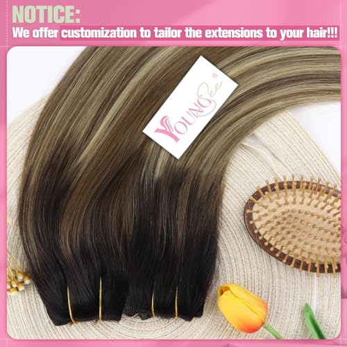 Image of YoungSee 135G Wire Hair Extensions Real Human Hair Ombre, 20 Inch Balayage Human Hair Wire Extensions, Dark Roots to Medium Brown with Blonde, Fish Line Hair Extensions for Women