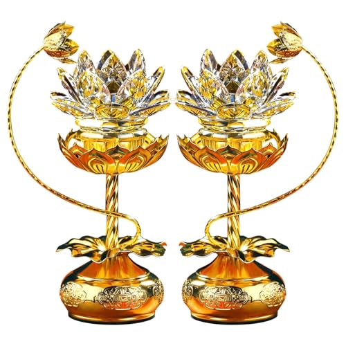 Lampe de lotus en cristal LED pour autel bouddhiste - Lot de 2 avec base alliage