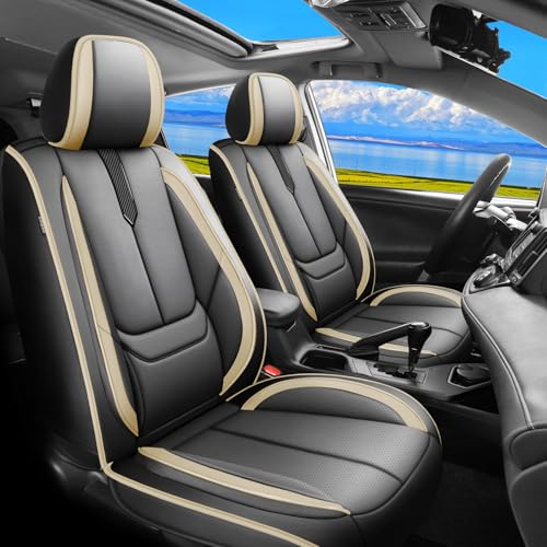 Image of Fit RAV4 Car Seat Covers for Toyota RAV4 2013-2018 LE,XLE,SE,Hybrid,Premium, Limited - Upgraded Premium Waterproof & Breathable Leather,All-Weather Seat Cushion Protector(2 Front /Black-Beige)