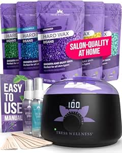 Tress Wellness Waxing Kit for Sensitive Skin, Safe for Face & Skin, Prep & Aftercare Spray, Easy to Use, At-Home Kit for Face, Bikini, Brazilian & Full Body - Digital Display, Black Purple Flower