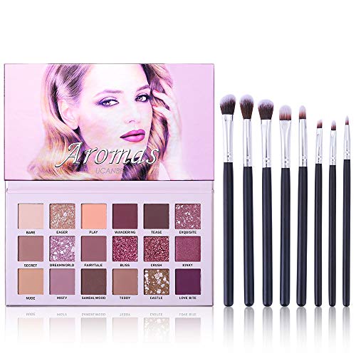 UCANBE Aromas Eyeshadow Palette + 8pcs Soft Eye Shadow Makeup Brushes Set Kit, Shimmer Matte Glitter High Pigmented Long Lasting Blending Pallet