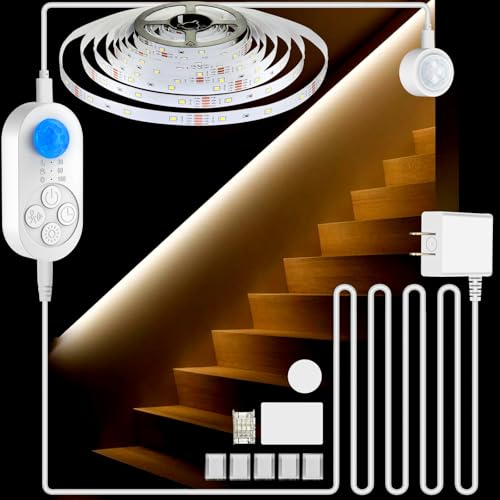 NIVOTA Dual Sensor Stair Light Strip, Double Motion Activated Sensor LED Strip Light for Stairway (Power Adapter (16.4FT Cable), Warm White 3000K (16.4FT White Light Strip))
