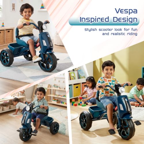 Image of Amazon Brand - Jam & Honey Vespa Basic Kids Tricycle | Scooter Style Trike with Safety Belt & Storage Basket | Sturdy Wheels & Metal Frame | Ride-On for Boys & Girls Age 2+ Years