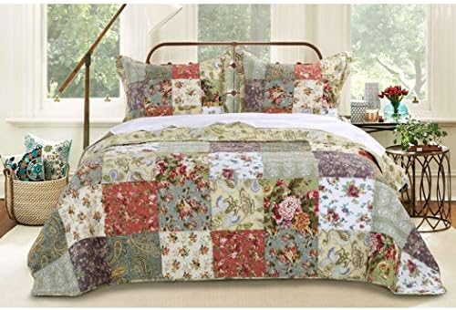 3pc Oversized King Bedspread Set Floor, Lavender Coral Rose Ivory White Green Blue, Colors, Floral Squares Pattern, Country Cottage Patchwork Quilt, 120 X 118