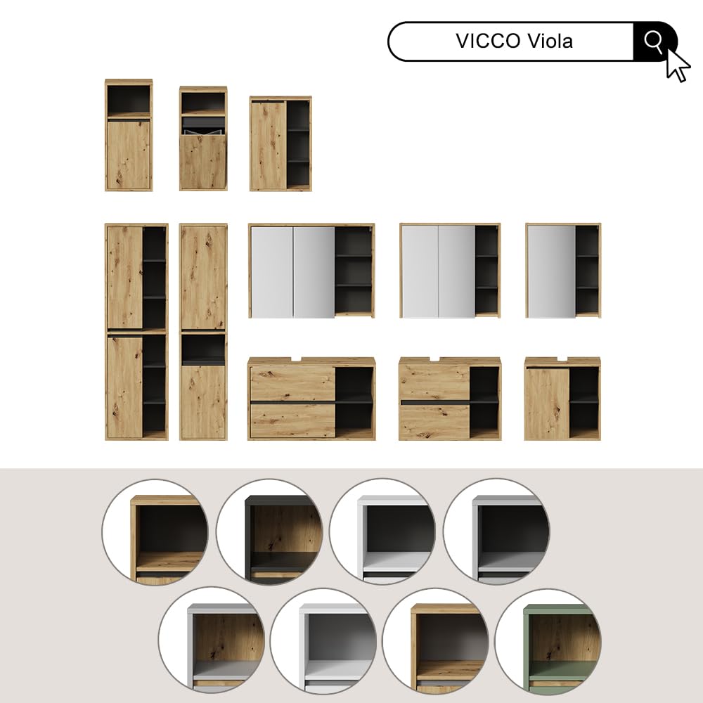 Vicco Set di mobili da bagno Viola, Verde/Artigianale, 100 cm, composto da mobile lavabo, pensile a specchio, colonna e base media