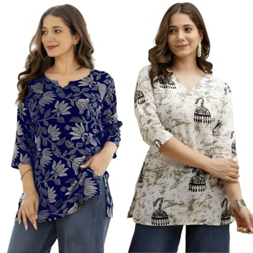 Image of Women's Cotton Printed Short Kurti, Round Neck, Three Quarter Sleeve, Straight Fit, Pack of 2