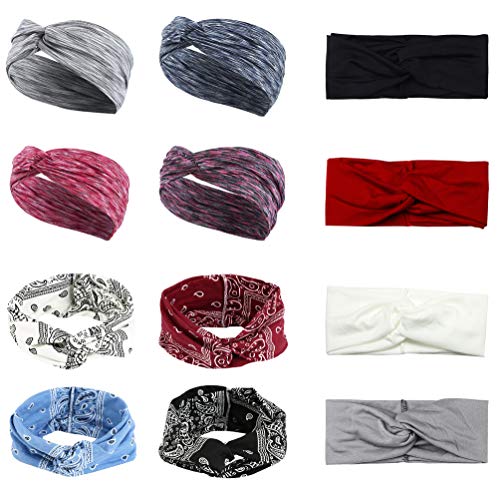 LOYALLOOK 12 Pack Yoga Headband Indoor Activities Running Sports Headband Fashion Knotted Wide Stretchy Wraps Elastic Hair Wrap
