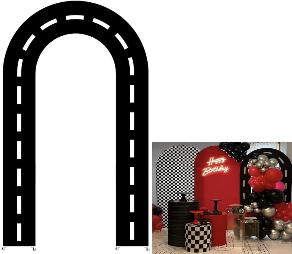 Black Racing Car Road U-Shaped Arched Fabric Backdrop Covers for Parties Racing Theme Open Arch Stand Cover Birthday Baby Shower Party Supplies(Only Cover)