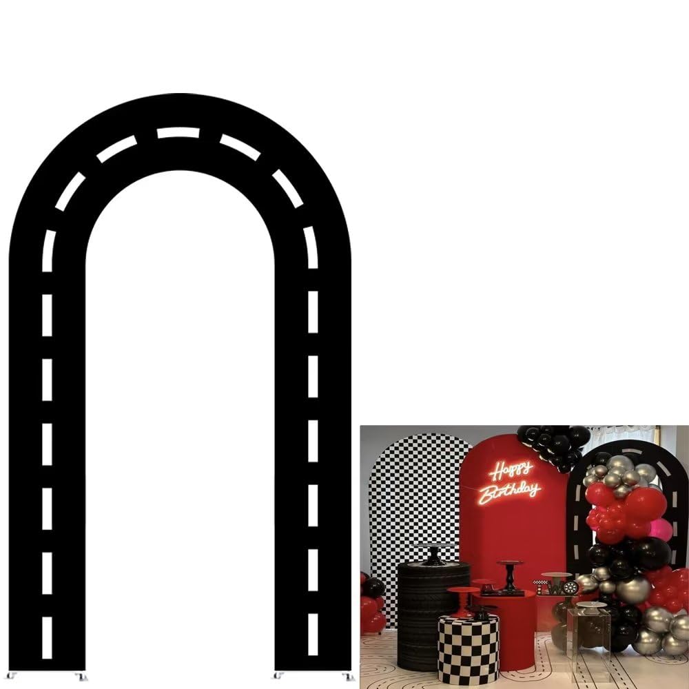 KONPON Black Racing Car Road U-Shaped Arched Fabric Backdrop Covers for Parties Racing Theme Open Arch Stand Cover Birthday Baby Shower Party Supplies