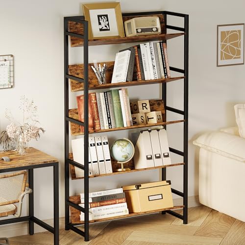IRONCK 5 Tier Bookshelf, 69.9 inch Tall Bookcase with Angled Shelf, Industrial Book Shelf with Storage, Open Display Shelf for Living Room, Bedroom