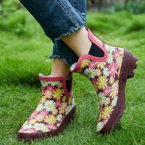 Image of SWIFTFROG Rain Boots for Women - Waterproof Ankle Garden Shoes Anti-Slipping Floral Printed Rainboots for Ladies Stylish Light Ankle Rain Shoes, Women's Rain Footwear