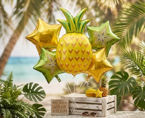 Image of Atpata Funky Fruit Theme Golden Pineapple Happy Birthday Foil Balloons 7pcs. Set for Summer Birthday Party Decoration