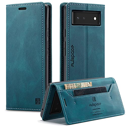 uslion Handyhülle für Google Pixel 6 Hülle, RFID Klapphülle [Kartenschlitzen] [Magnet] [Standfunktion] Stoßfeste Schutzhülle Leder Tasche Flipcase kompatibel mit Google Pixel 6,Blau Cover