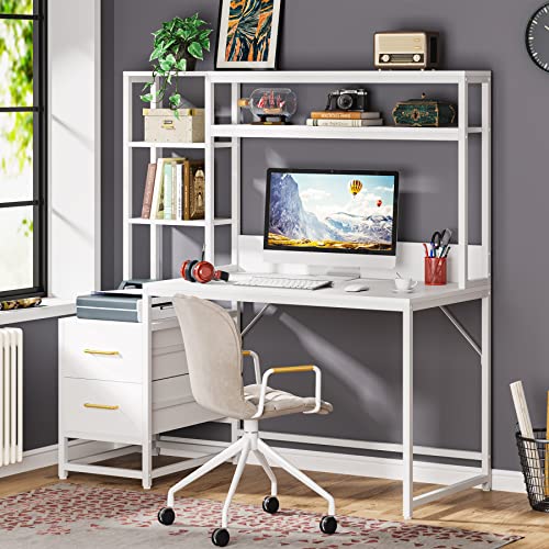 Image of Tribesigns 55 Inch Computer Desk with 2 Drawers and Storage Shelves, Rustic Office Desk with Hutch, Study Writing Gaming Table Laptop Workstation for Home Office (White)