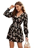 DIDK Damen Blumen Muster Minikleid A Line Elegant Kleider Langarm Blusenkleid Freizetikleid Partykleid V-Ausschnitt Skaterkleid Schwarz mit Blumenmuster L