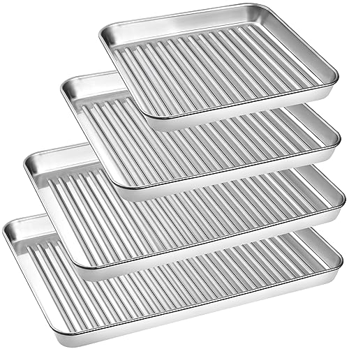 Essentials - Juego de 4 bandejas antiadherentes de acero inoxidable, bandejas de horno de fácil limpieza para cocinar y asar, bandeja rectangular para hornear, diseño corrugado (tamaño grande)