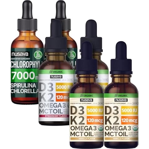 NUSAVA Strawberry Flavored D3 K2 Drops, Vanilla Flavored D3 K2 Drops, & Chlorophyll Liquid Drops Bundle - Potent Liquid Vitamins for Heart, Joint, Energy, & Immune Support - Non-GMO, Gluten-Free, 2pk Cover