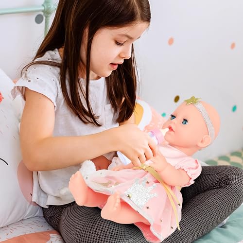 GirlDiary Realistische Mompe 12 Zoll mit Zubehör Set, 3 Kleider, Stubenwagen Bett, Fütterung Playset, Baby Puppen Mädchen für 3-8 Jahre, Baby Puppe Spielzeug mit Kleidung 00310