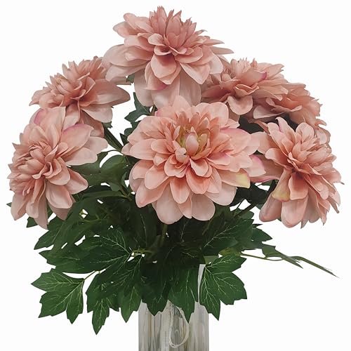 ATFL 8 Pcs Dahlia Artificial Flowers 24 Fake Silk Dahlia Flower Bouquets for DIY Wedding Centerpieces Arrangements Bridal Shower Party Home Decorations (8 red Bean Pink)