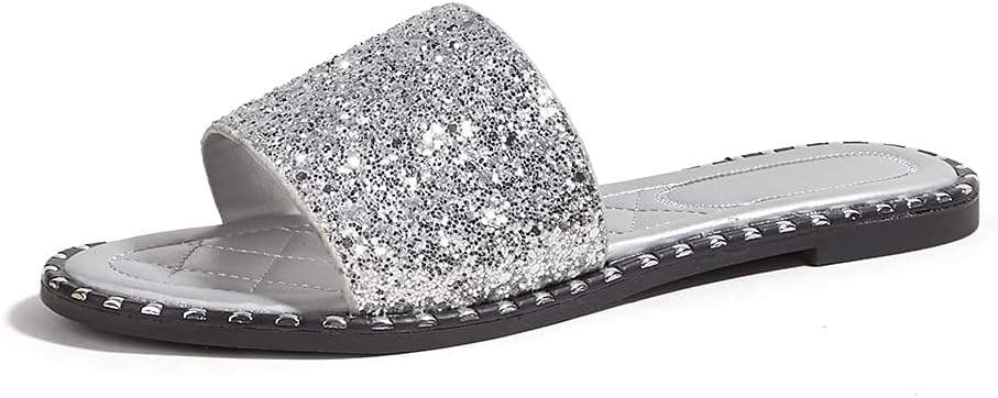 Women’s Open Toe Flat Sandals Rhinestone Glitter On Casual Fashion Slippers Quick Drying Indoor & Outdoor Slides