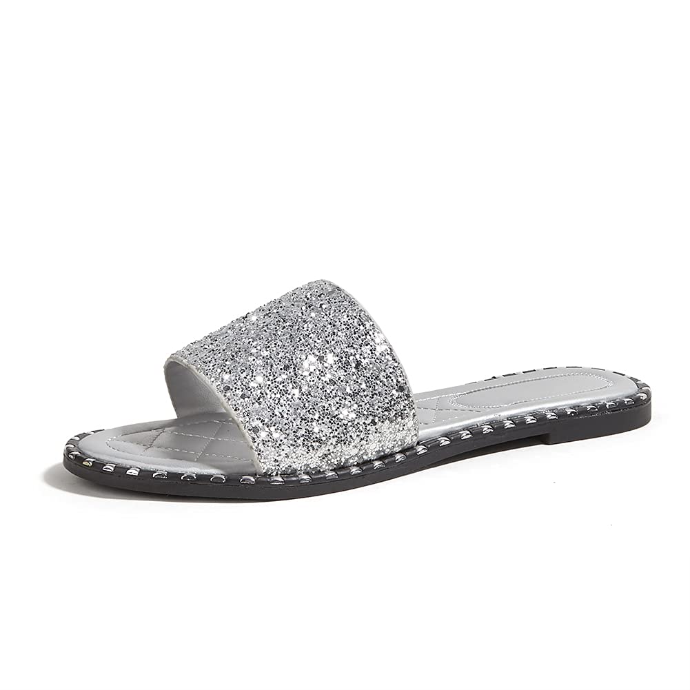 PICNICFUN Women's Open Toe Flat Sandals Rhinestone Glitter On Casual Fashion Slippers Quick Drying Indoor & Outdoor Slides