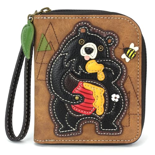 Image of CHALA Zip Around Wallet, Wristlet, 8 Credit Card Slots, Sturdy Pu Leather - Black Bear - brown
