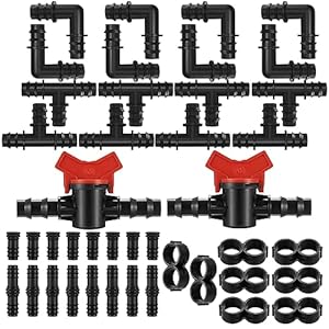 42 Piece Drip Irrigation Fittings Kit for 1/2″ Tubing, 8 Tees, 8 Elbows, 8 Straight, 8 End Cap Plugs, 8 Angle, Drip Irrigation Barbed Connectors for Garden Patio Lawn Drip Sprinkler Systems