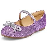 K KomForme Girl's Bow Mary Jane Dress Shoes Ballet Princess Flats with Rhinestone Strap for Party Wedding School, Toddler/Little Kid/Big Kid Purple Glitter