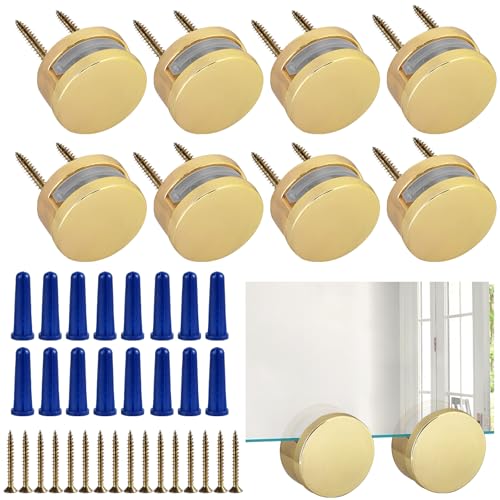 Image of Frameless Mirror Mounting Hardware Kit Zinc Alloy Mirror Holder Clips Round Shape Dual-Screw Fixing Mirror Glass Hanging Bracket with Screws and Anchors Fit for 3-5mm Thickness (Golden, Set of 8 )