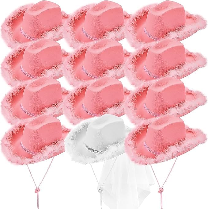 MSYU 12 Pack Adults Cowgirl Hat - Pink Felt Cowboy Hat with Marabou Trim - Adults Fluffy Trim Cowgirl Hat Western Party Hen Party Fancy Dress Accessory