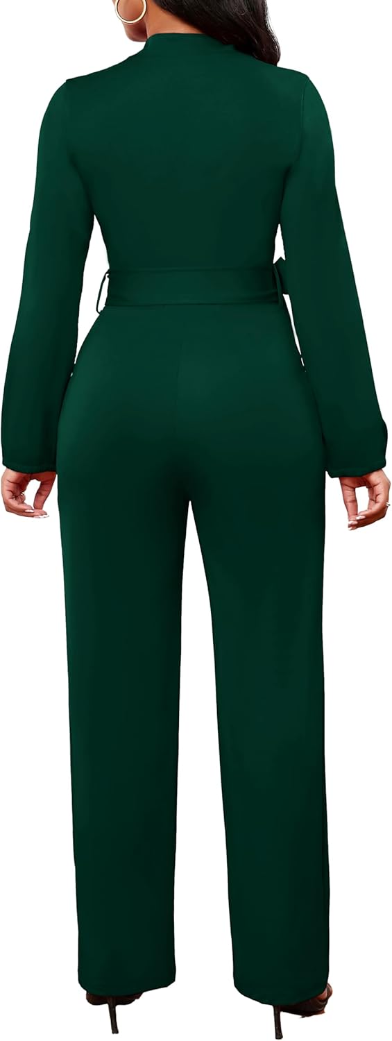 SxClub Jumpsuits for Women Formal Sexy Elegant Long Straight Pants Busineess Party Jumpsuit with Belt Pockets - Image 2