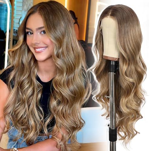 Blonde Lace Front Wig for Women 13x4 Body Wave Synthetic Wigs with Ombre Blonde Tips Pre-plucked Long Wavy 150% Density Heat Resistant Hair Daily Party Use 26 Inch