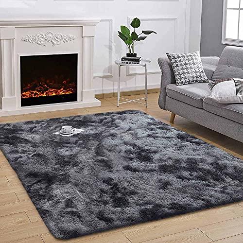 Leesentec Area Rugs Soft Fluffy Carpets For Living room Shaggy Rug Modern Area Rug For Bedroom Anti-Slip Rugs For Kids Room Indoor Home Decorative Carpet (Black Grey, 120 x 200 cm)
