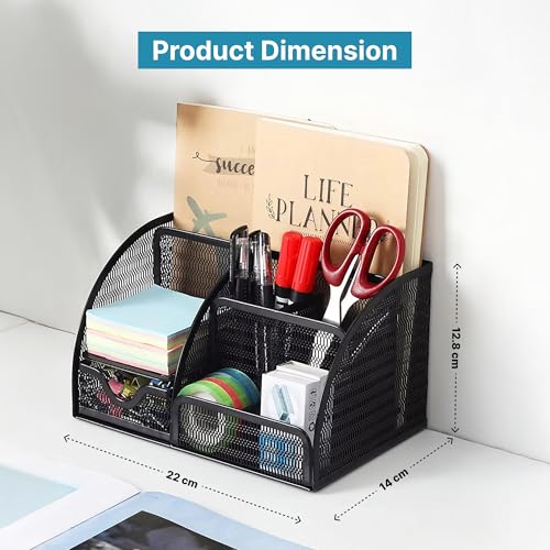 Image of The Better Home Desk Organizer | Metal Mesh Design | 6 Compartments & Small Drawer | Pen & Pencil Holder | Stationery Storage Box | Office & Study Table Organizer | Black