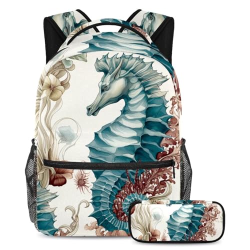 Sac à dos vintage hippocampe scolaire avec trousse pour adolescent et voyage